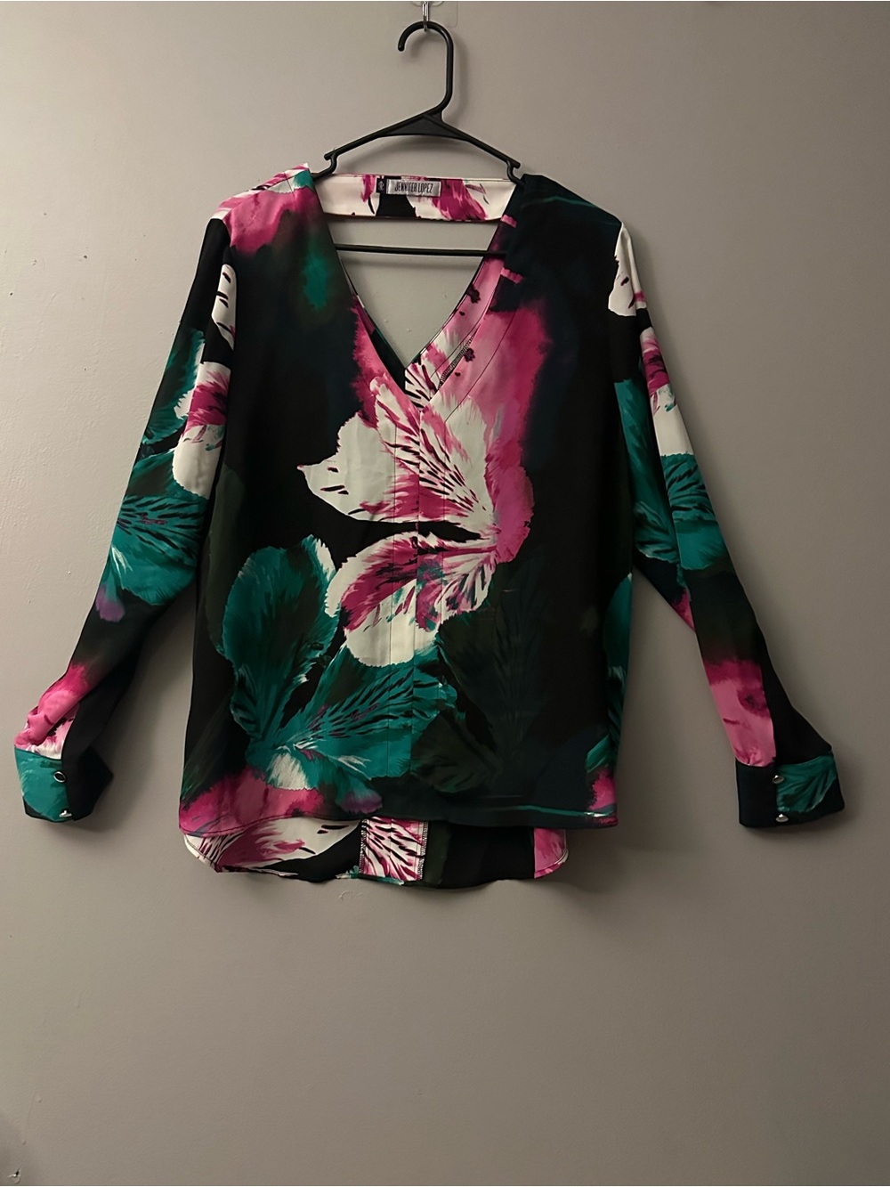 Jennifer Lopez Black V-Neck Floral Blouse with Pink & Teal Accents